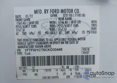 2012 Ford F-150 Xlt z USA, uszkodzony, nr VIN 1FTFW1CT6CKD33445